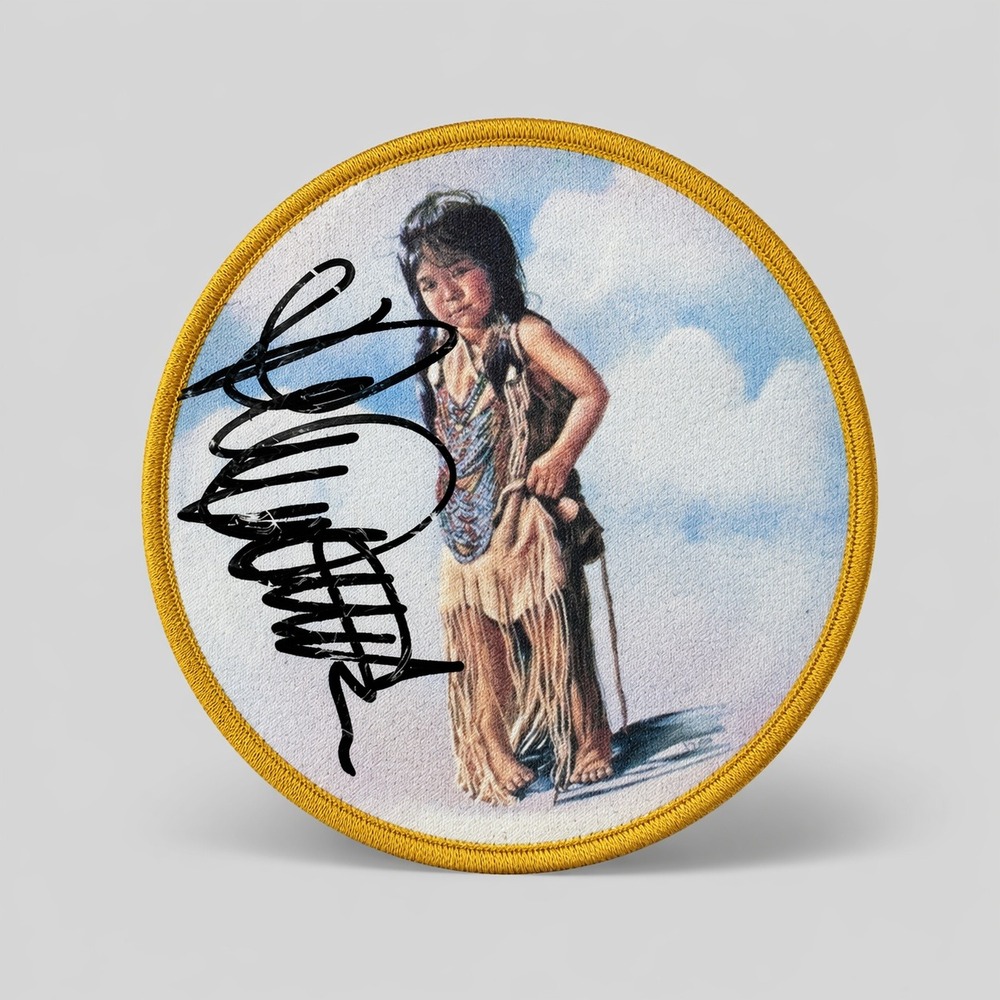 Vintage Native American Child Portrait Signed Pinback Button Gold Border 2.25"